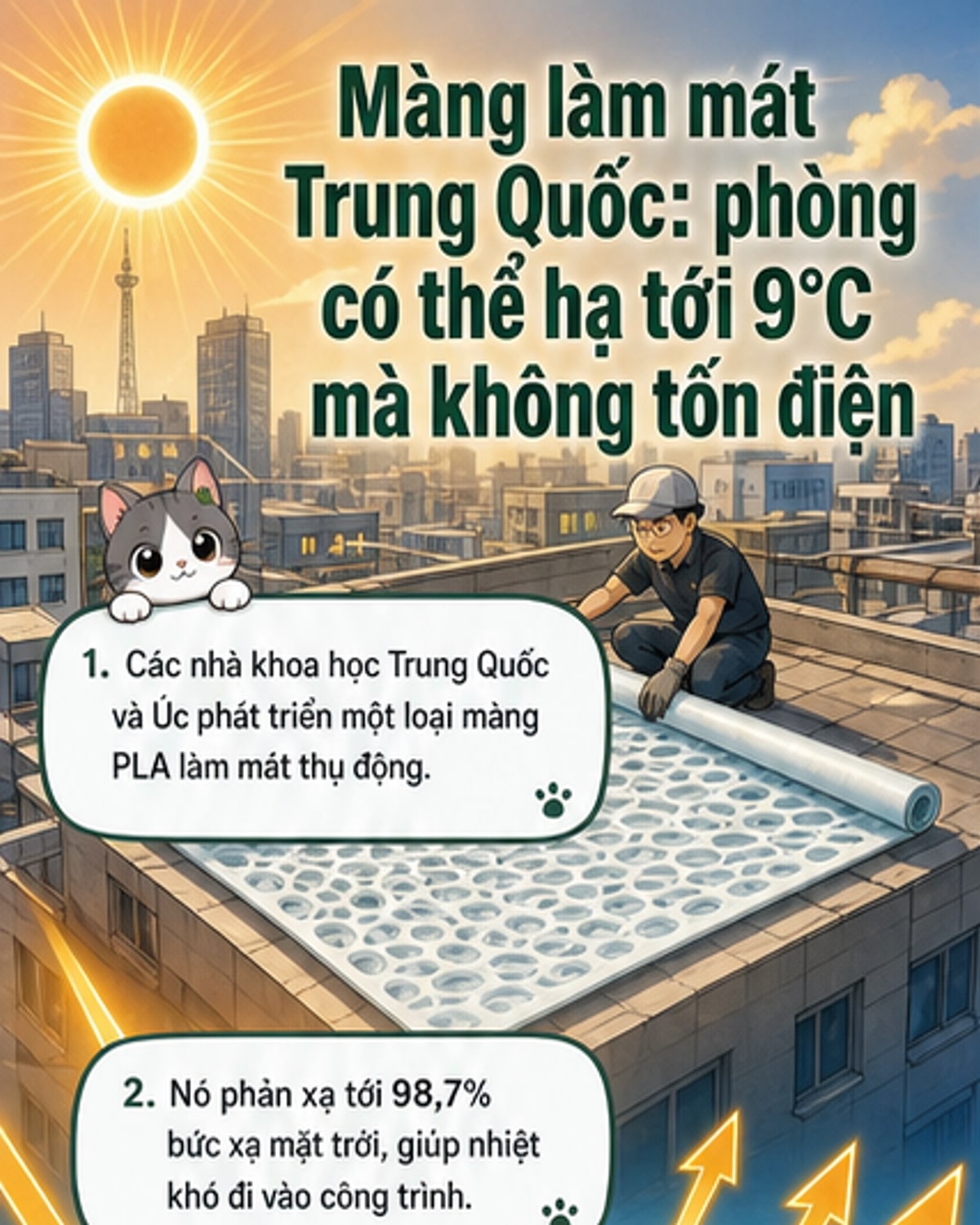 Minh họa tấm màng trong suốt phủ trên mái nhà, phản xạ ánh nắng mặt trời và làm mát không gian bên dưới mà không dùng điện