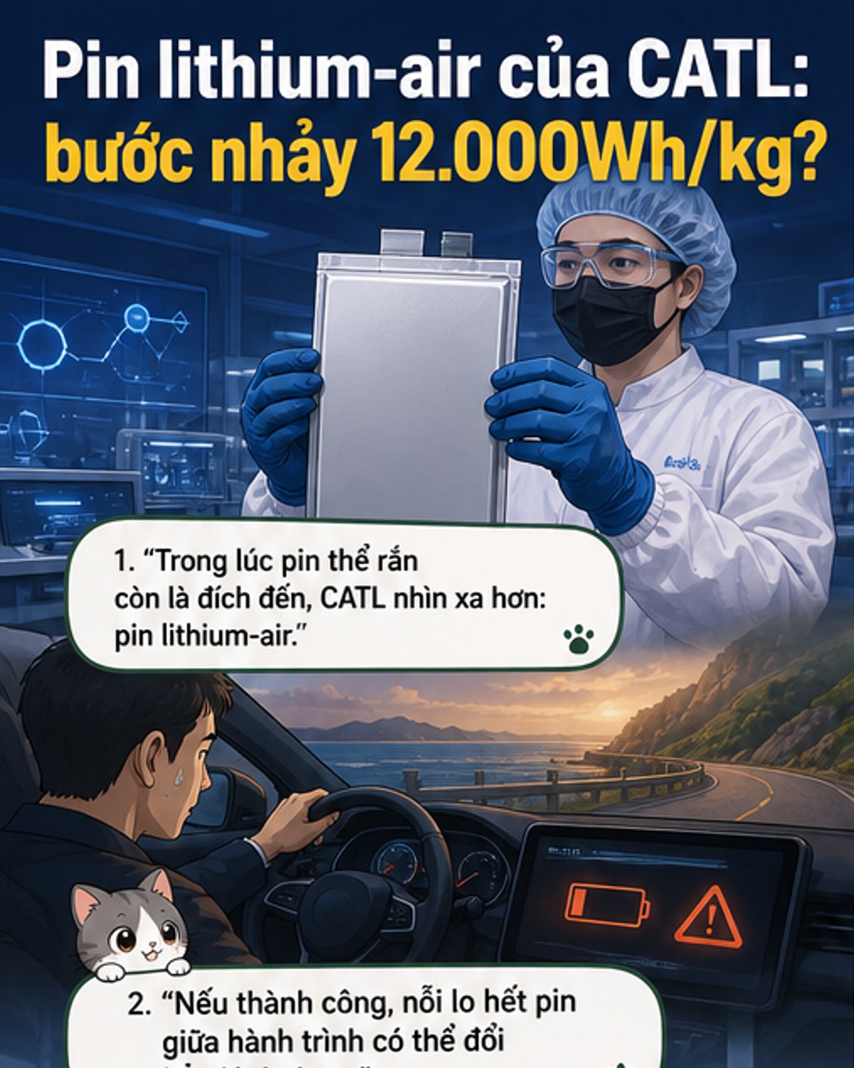 Minh họa công nghệ pin lithium-air của CATL với mật độ năng lượng cao, so sánh với pin xe điện hiện tại và xăng