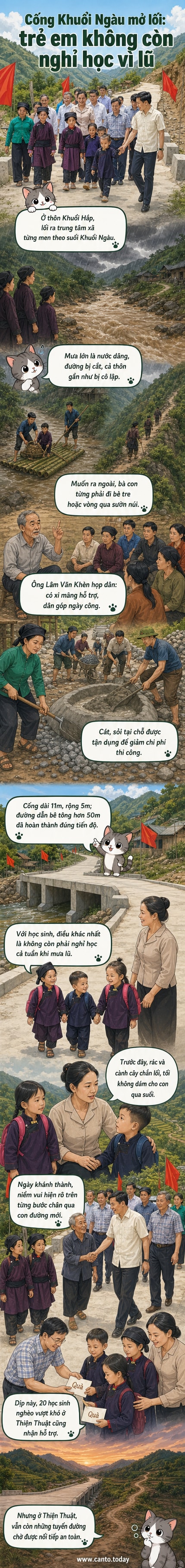 Cảnh khánh thành cống Khuổi Ngàu, người dân và lãnh đạo địa phương cùng bước qua công trình mới, phía sau là con suối và núi đồi Lạng Sơn.