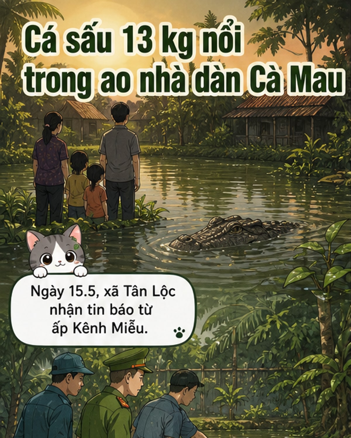 Cá sấu 13kg nổi trong ao nhà dân