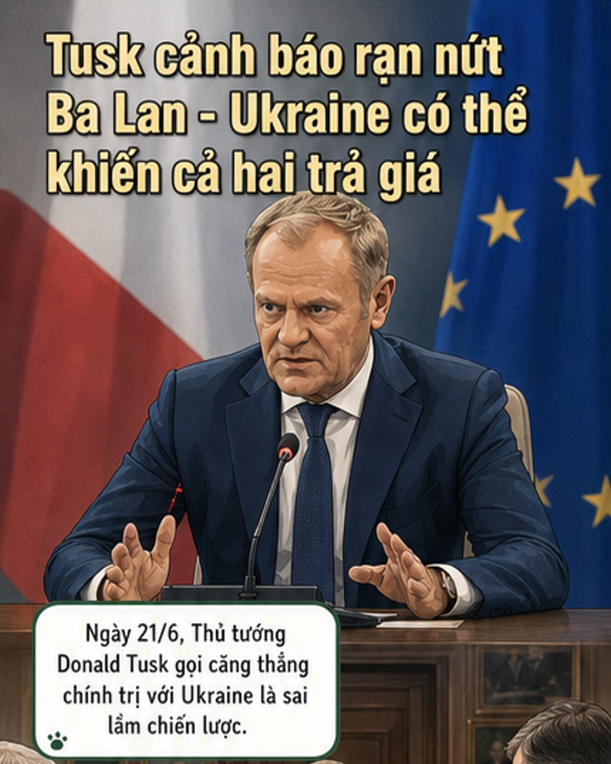 Hình ảnh minh họa Thủ tướng Ba Lan Donald Tusk và Tổng thống Ukraine Volodymyr Zelensky trong bối cảnh căng thẳng ngoại giao, với biểu tượng huân chương bị trả lại và bóng dáng lịch sử Thế chiến II.