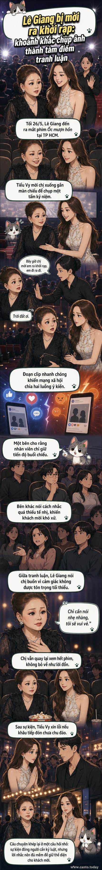 Nghệ sĩ Lê Giang và hoa hậu Tiểu Vy đứng gần màn chiếu trong sự kiện ra mắt phim 'Ốc mượn hồn', ánh mắt lộ rõ sự ngỡ ngàng