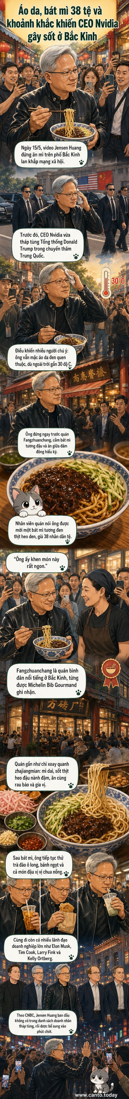 CEO Nvidia Jensen Huang mặc áo da, đứng ăn bát mì tại một quán vỉa hè đông đúc ở Bắc Kinh, xung quanh là người dân và điện thoại quay phim.