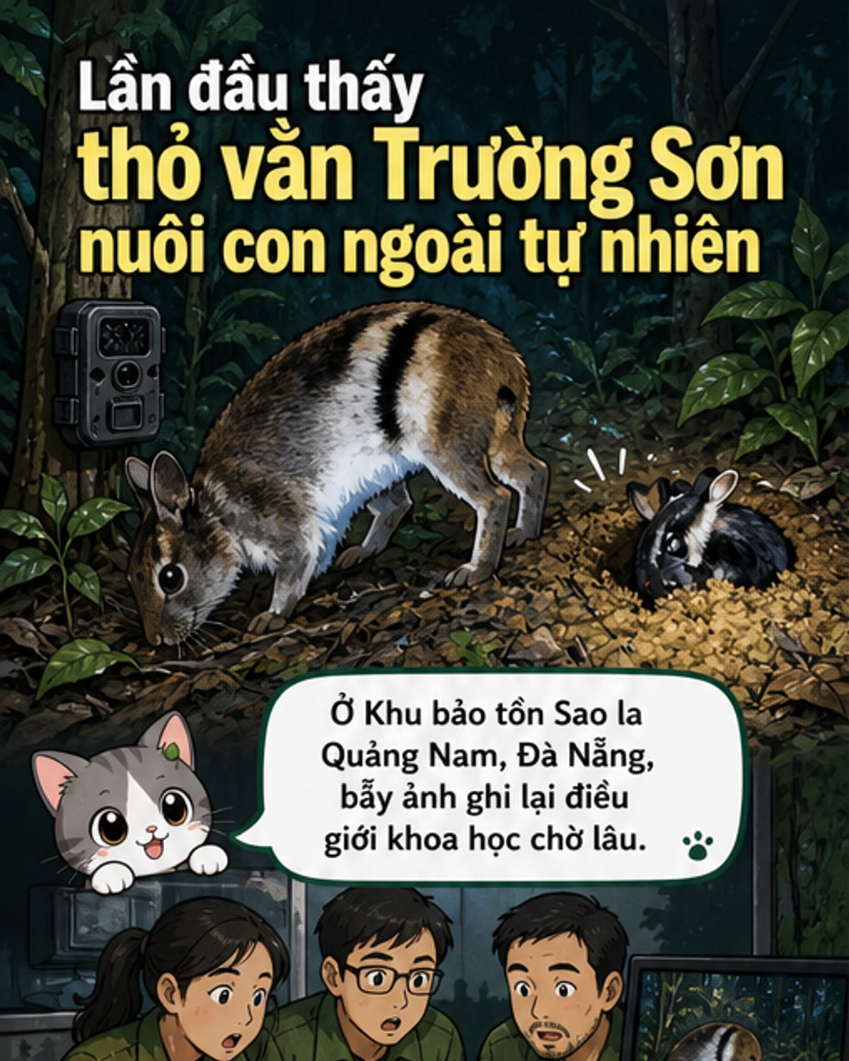 Hình ảnh bẫy ảnh ghi lại cảnh thỏ vằn Trường Sơn chăm sóc con non trong rừng nguyên sinh tại khu bảo tồn ở Đà Nẵng