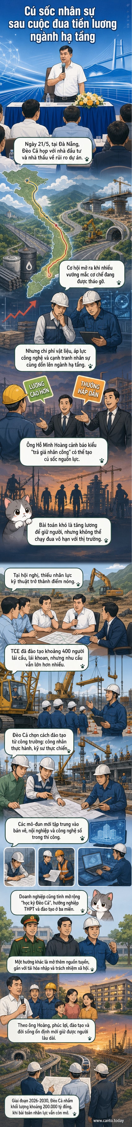 Hình ảnh minh họa cuộc họp của Tập đoàn Đèo Cả tại Đà Nẵng, với biểu đồ nhân lực và công trường xây dựng phía sau.