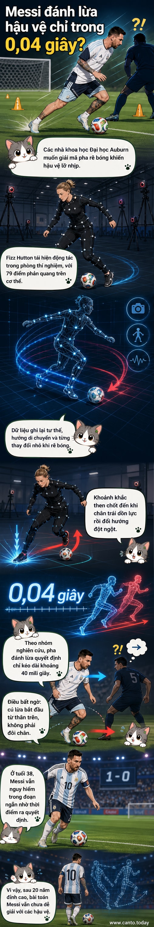 Minh họa Lionel Messi thực hiện pha qua người với đồng hồ đếm ngược 0,04 giây, thân người nghiêng một hướng, chân trái chạm đất để đổi hướng đột ngột.