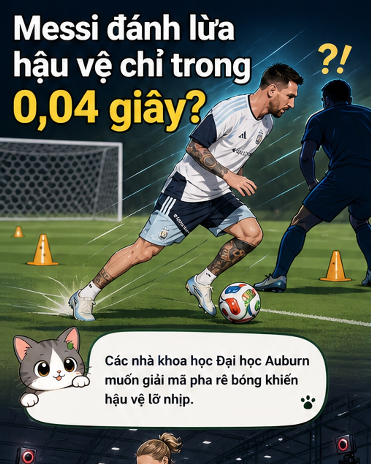 Minh họa Lionel Messi thực hiện pha qua người với đồng hồ đếm ngược 0,04 giây, thân người nghiêng một hướng, chân trái chạm đất để đổi hướng đột ngột.
