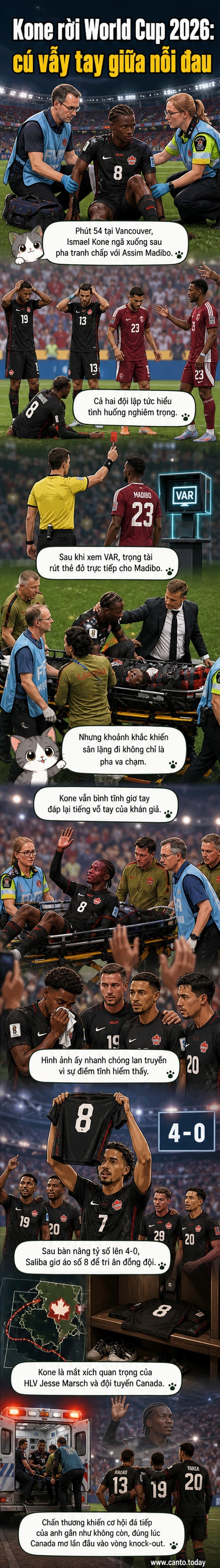 Tiền vệ Ismael Kone nằm sân đau đớn sau chấn thương, chân biến dạng, đồng đội và nhân viên y tế vây quanh, trong khi khán giả vỗ tay động viên.