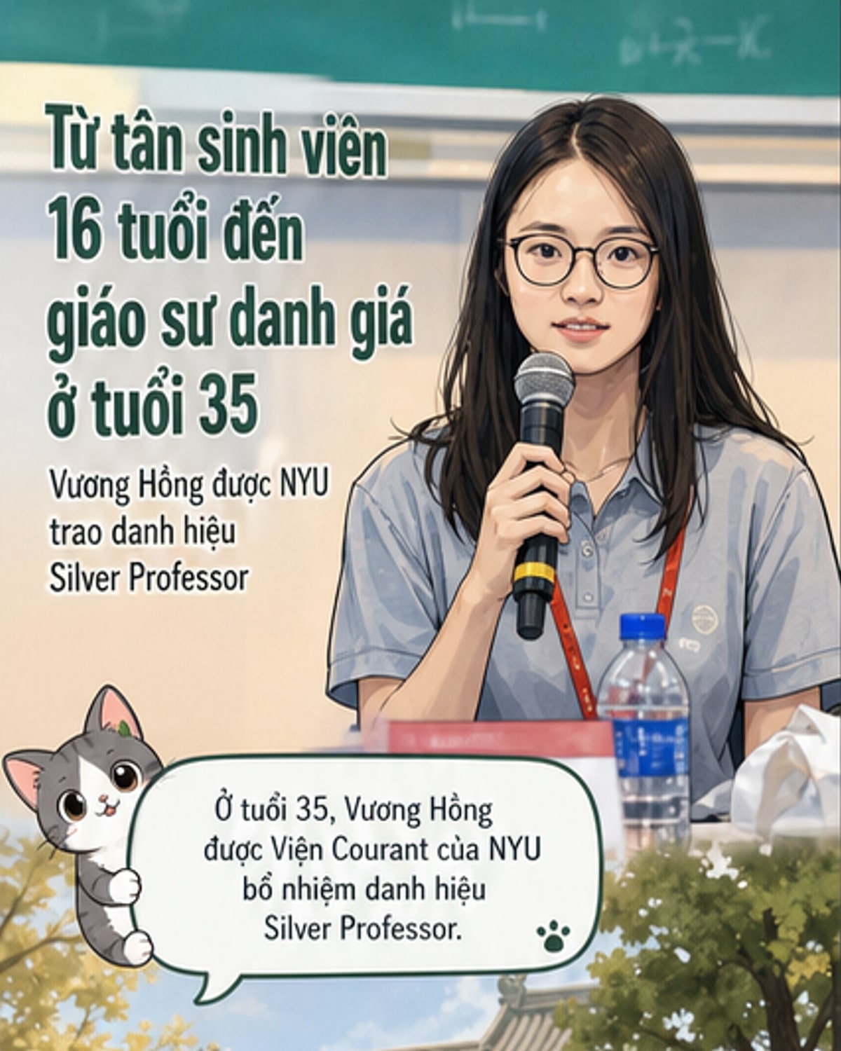 Chân dung nhà toán học Vương Hồng, giáo sư trẻ tuổi tại Đại học New York, với hình nền là các công thức toán học và biểu đồ không gian.