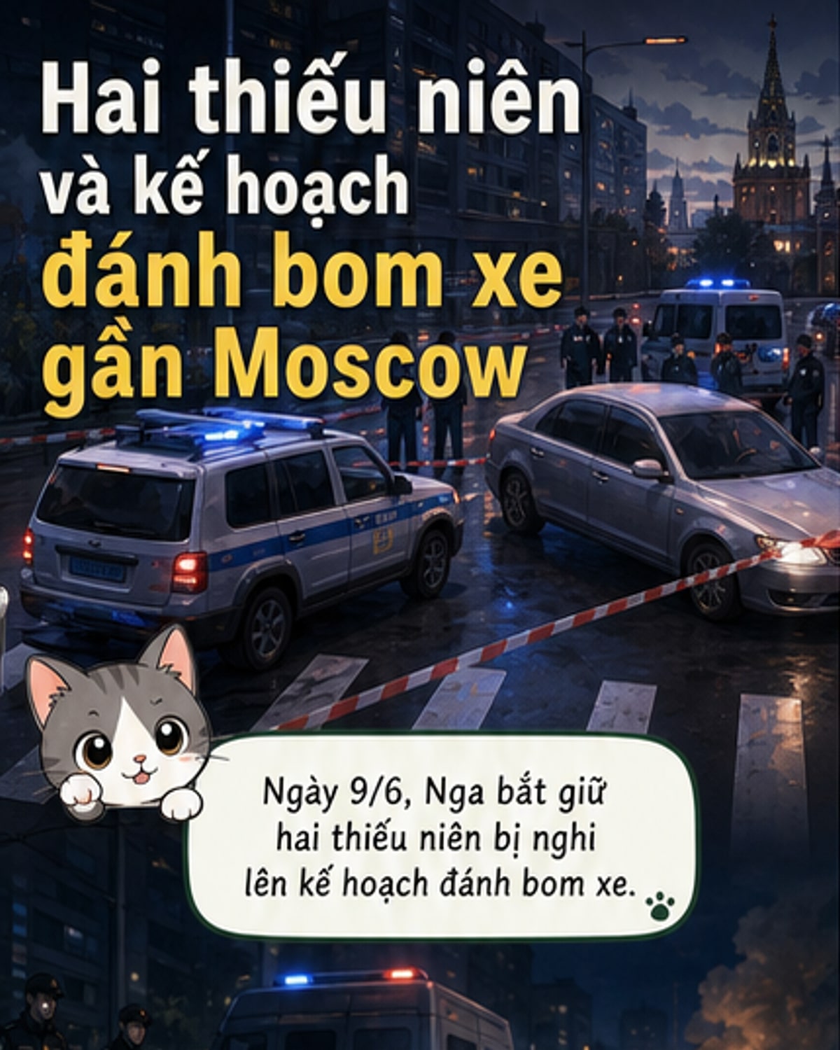Hai thiếu niên bị cảnh sát Nga bắt giữ trong vụ án đánh bom xe, bối cảnh tại khu vực Moscow với hình ảnh viện nghiên cứu và thiết bị nổ.