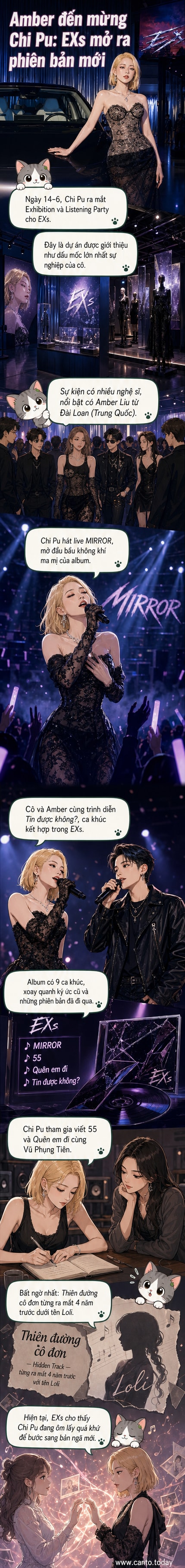 Chi Pu và Amber cùng nhau biểu diễn trên sân khấu trong sự kiện triển lãm album EXs, ánh sáng rực rỡ và khán giả hào hứng xung quanh.