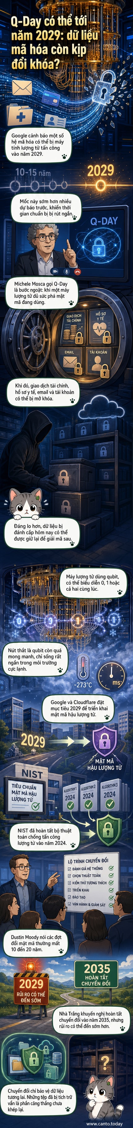 Minh họa máy tính lượng tử IBM Quantum System One trong phòng thí nghiệm lạnh, với các dòng mã hóa vỡ tan xung quanh, biểu thị nguy cơ bảo mật dữ liệu.