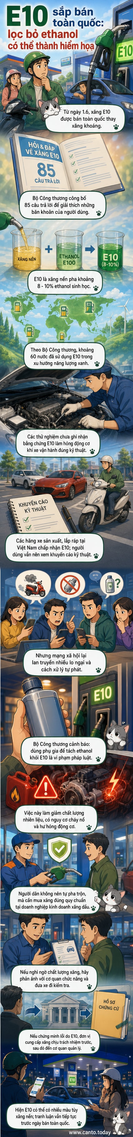 Minh họa xe máy đổ xăng E10 tại cây xăng, với cảnh báo về việc lọc bỏ ethanol và nguy cơ cháy nổ