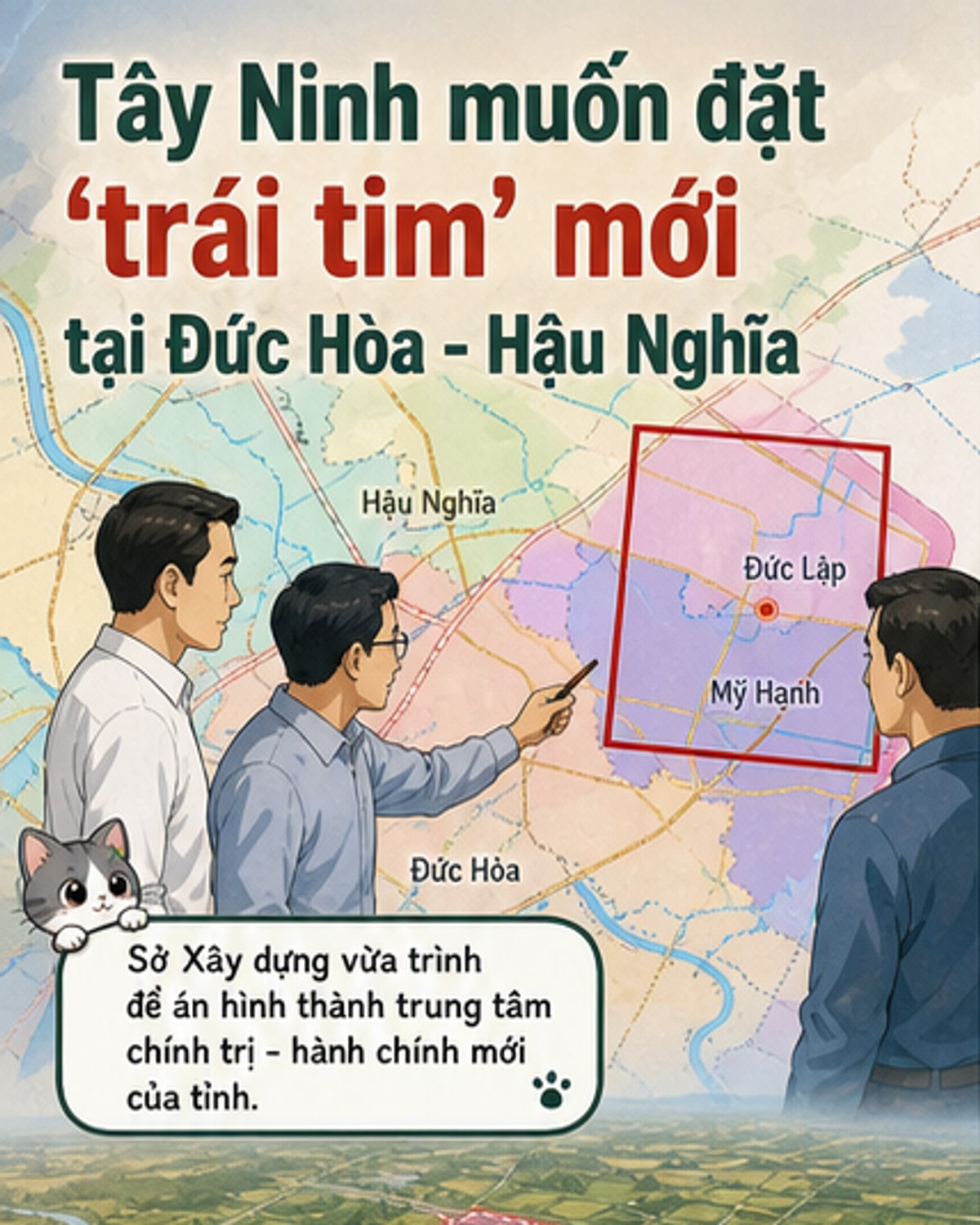 Minh họa khu đô thị trung tâm hành chính - chính trị mới của Tây Ninh với quy mô hơn 3.300ha tại Đức Hòa - Hậu Nghĩa, thể hiện hạ tầng hiện đại và không gian đa chức năng.