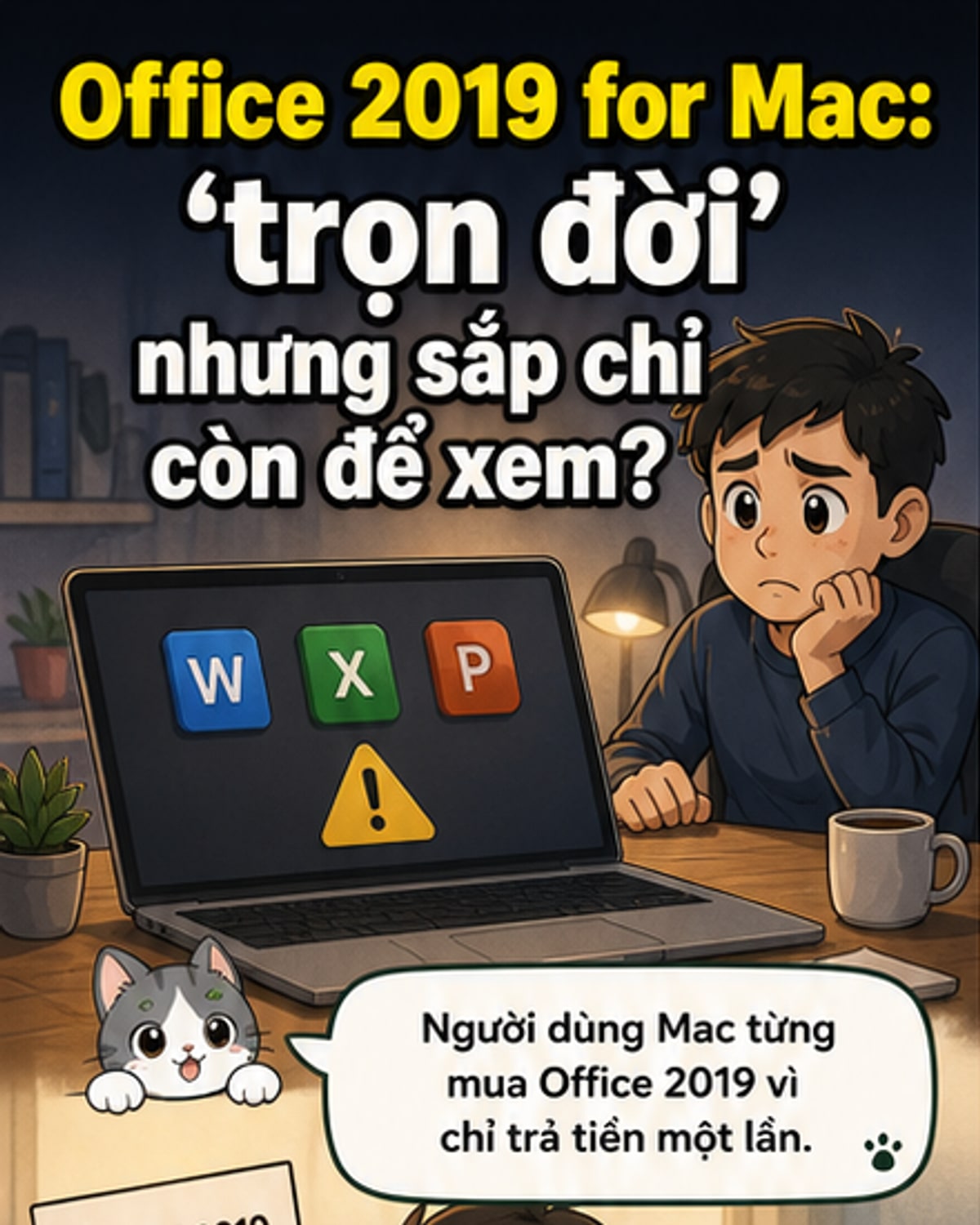 Hình minh họa giao diện Word, Excel, PowerPoint bị vô hiệu hóa chức năng chỉnh sửa, chỉ còn nút 'Xem' và 'In', với dòng chữ 'Từ 13/7, Office 2019 chỉ còn dùng để đọc'.