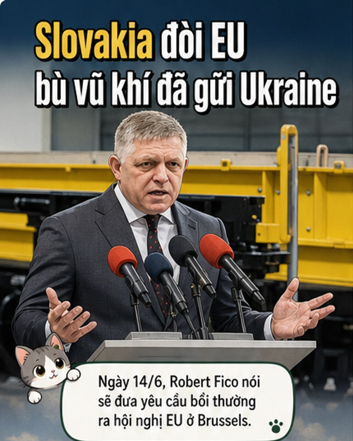 Thủ tướng Slovakia Robert Fico phát biểu, yêu cầu EU bồi thường cho số vũ khí đã viện trợ Ukraine.