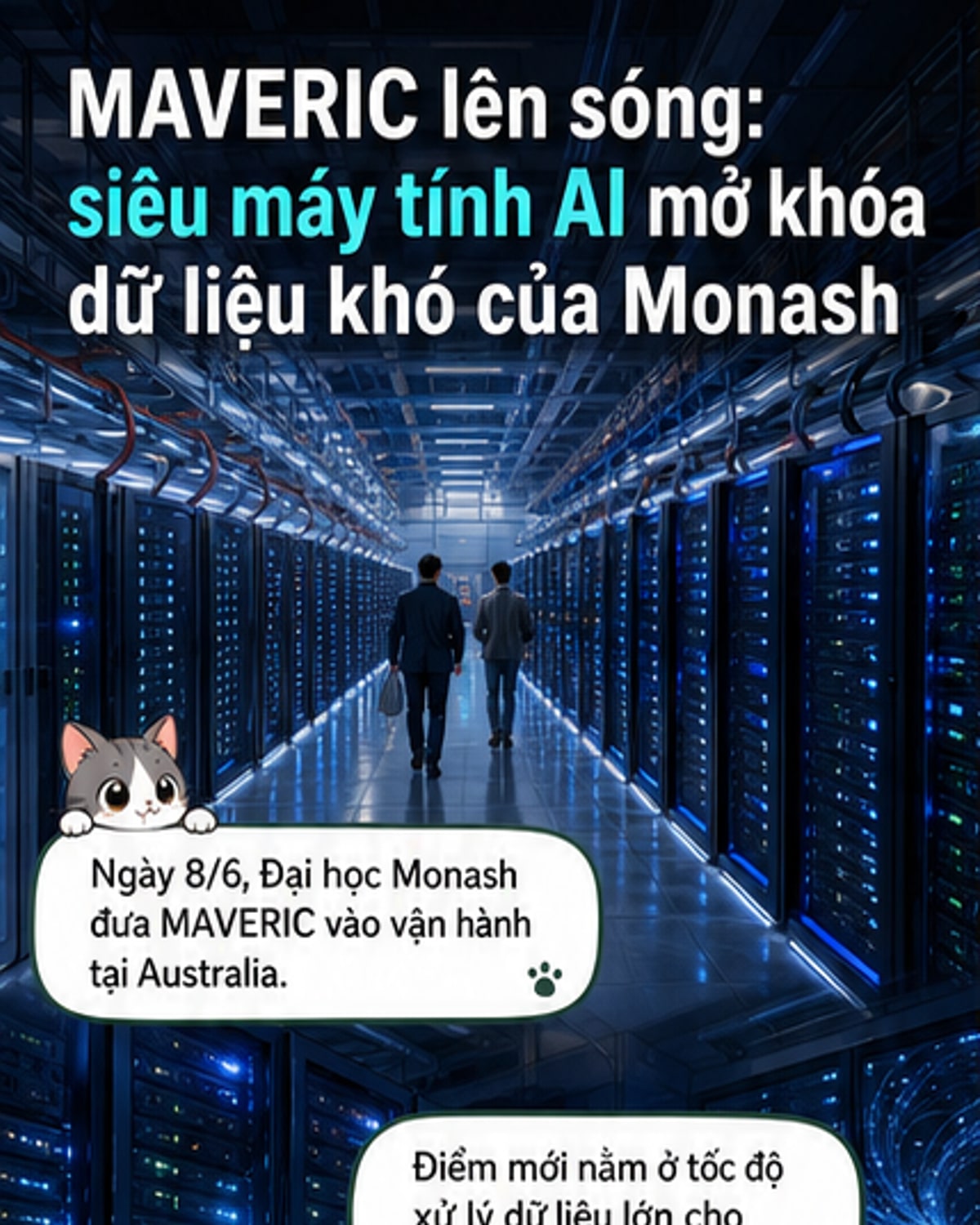 Hình ảnh minh họa siêu máy tính MAVERIC tại Đại học Monash, với các dãy server và biểu đồ mô phỏng hình thành sao và hành tinh trên màn hình.