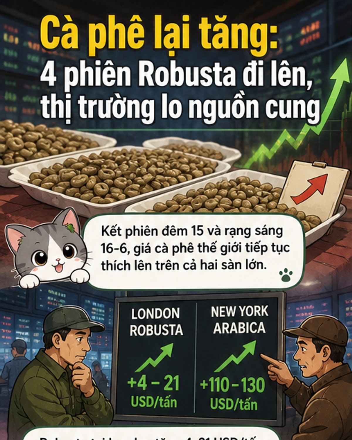 Biểu đồ giá cà phê Robusta và Arabica tăng mạnh trên sàn London và New York, với hình ảnh hạt cà phê Việt Nam và bản đồ Brazil làm nổi bật nguyên nhân thời tiết.
