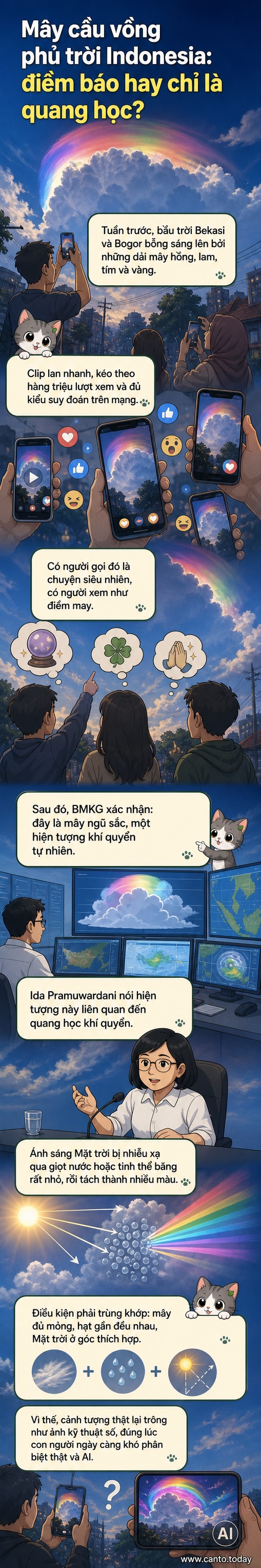 Hình ảnh từ camera người dân ghi lại cảnh mây ngũ sắc với các dải màu hồng, xanh lam, tím và vàng rực rỡ trên bầu trời Indonesia.