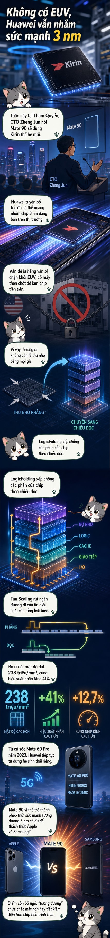 Minh họa chip Kirin của Huawei với cấu trúc xếp chồng theo chiều dọc, biểu tượng cho thiết kế LogicFolding và hiệu năng ngang chip 3 nm