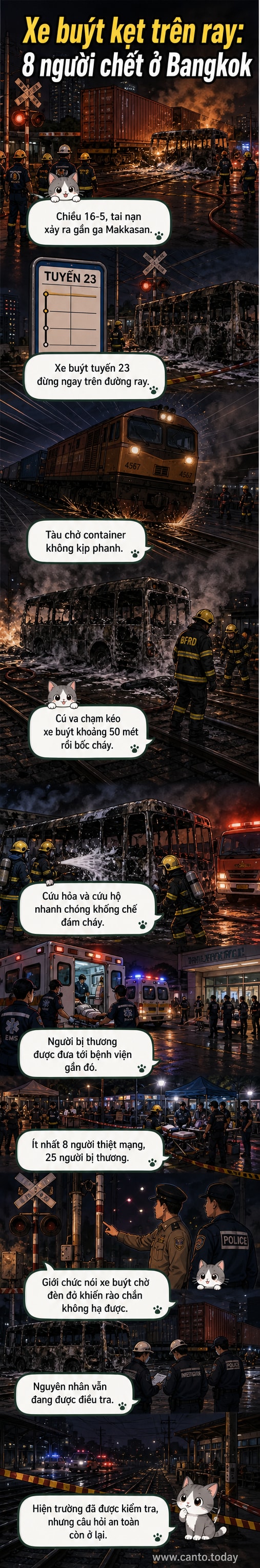 Hiện trường vụ tai nạn giữa tàu chở hàng và xe buýt ở Bangkok, với các phương tiện bốc cháy và lực lượng cứu hộ đang làm việc