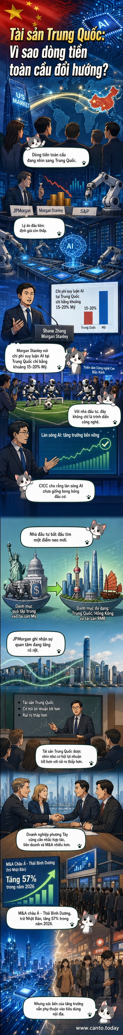 Minh họa robot và biểu đồ dòng vốn toàn cầu hướng về Trung Quốc, tượng trưng cho sự dịch chuyển đầu tư vào tài sản và công nghệ nước này
