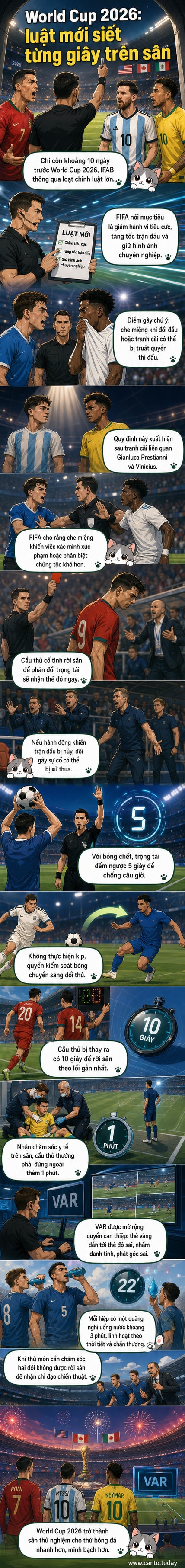 Hình ảnh minh họa các quy định mới tại World Cup 2026: cầu thủ bị cấm che miệng, trọng tài đếm ngược 5 giây, VAR can thiệp nhiều tình huống hơn.