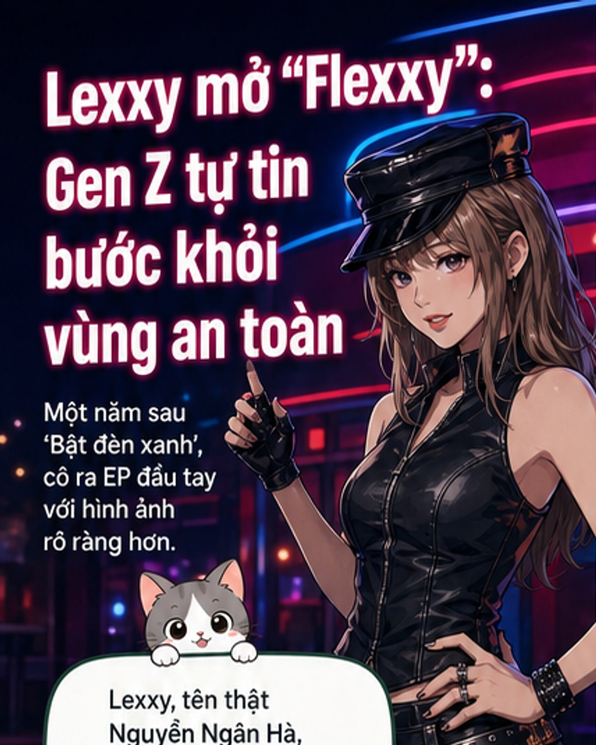 Lexxy trong trang phục hiện đại, phong cách tự tin giữa khung cảnh ánh sáng nghệ thuật, thể hiện hình ảnh trưởng thành trong EP đầu tay.