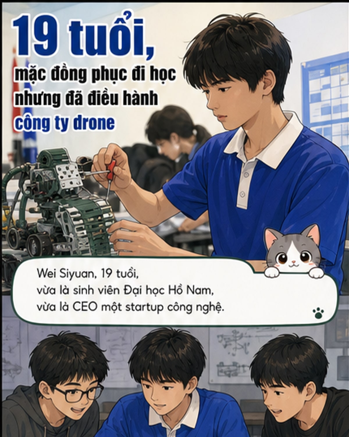 Hình ảnh minh họa một chàng trai trẻ mặc đồng phục học sinh đứng trước bảng mạch điện tử và drone, thể hiện hình ảnh CEO trẻ tuổi vừa đi học vừa điều hành công ty công nghệ.