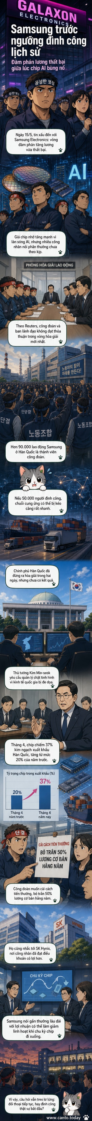 Hình ảnh minh họa: công nhân nhà máy Samsung biểu tình trước cổng, với biểu ngữ đòi quyền lợi và chia sẻ lợi nhuận từ doanh thu chip AI bùng nổ.