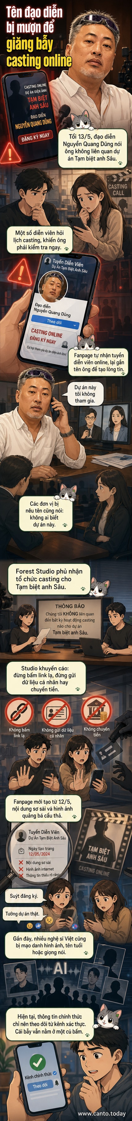 Minh họa một đạo diễn đang giơ tay cảnh báo trước một màn hình hiển thị fanpage giả mạo với tên phim và hình ảnh minh họa lộn xộn.