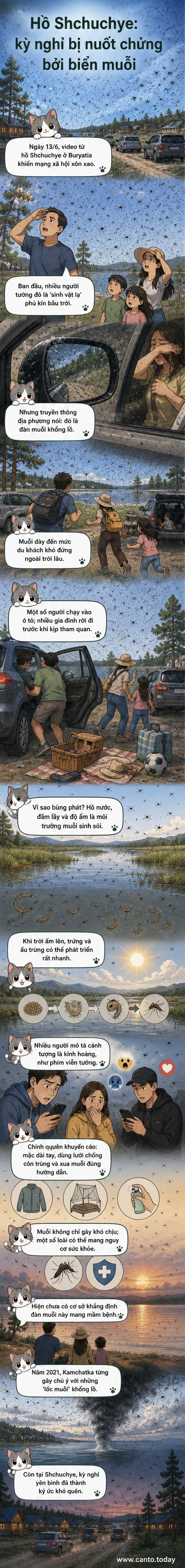 Hình ảnh từ video cho thấy bầu trời phía trên hồ Shchuchye ở Nga bị phủ kín bởi một đám mây dày đặc, được xác định là hàng triệu con muỗi bay thành đàn.