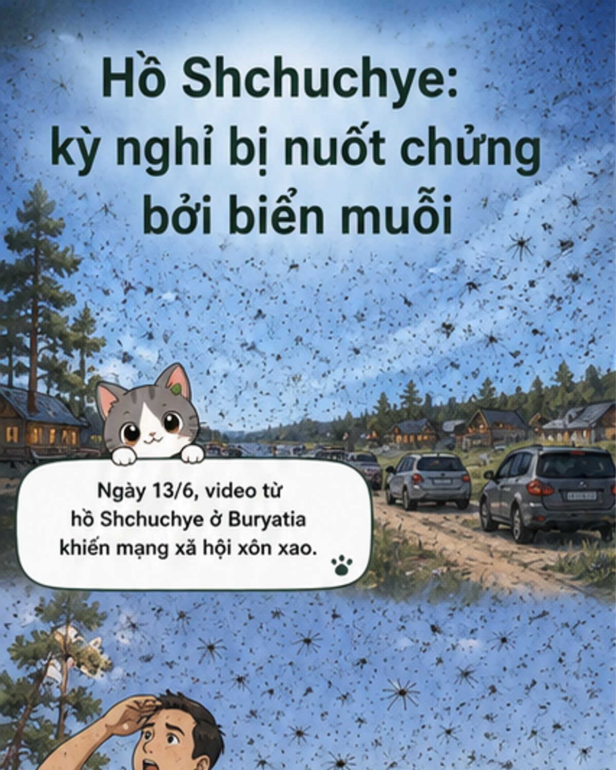 Hình ảnh từ video cho thấy bầu trời phía trên hồ Shchuchye ở Nga bị phủ kín bởi một đám mây dày đặc, được xác định là hàng triệu con muỗi bay thành đàn.