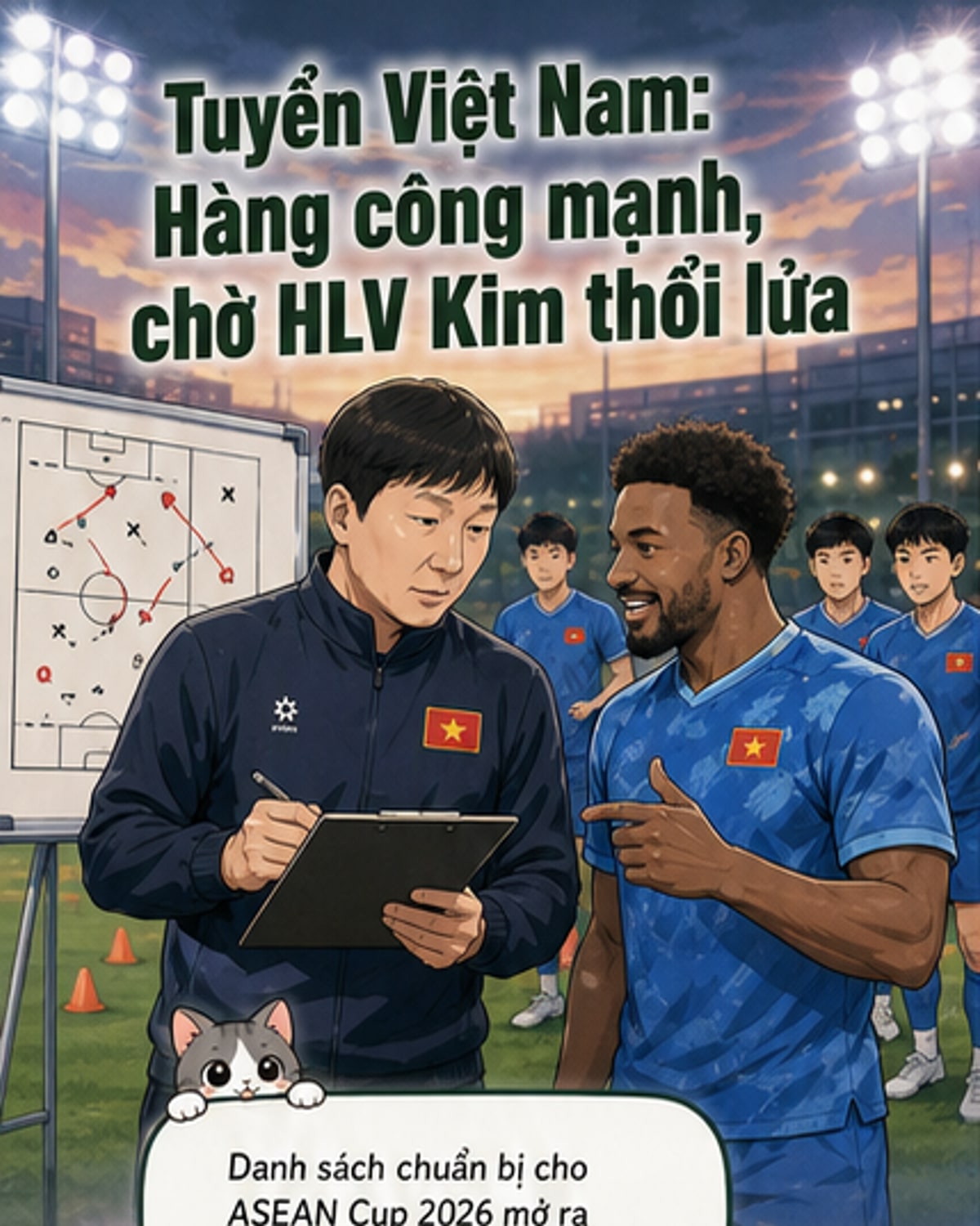 Hình ảnh minh họa đội tuyển Việt Nam với các cầu thủ trẻ như Đình Bắc, Đăng Khoa và Xuân Son trên sân, thể hiện sự kết hợp giữa kinh nghiệm và năng lượng mới.