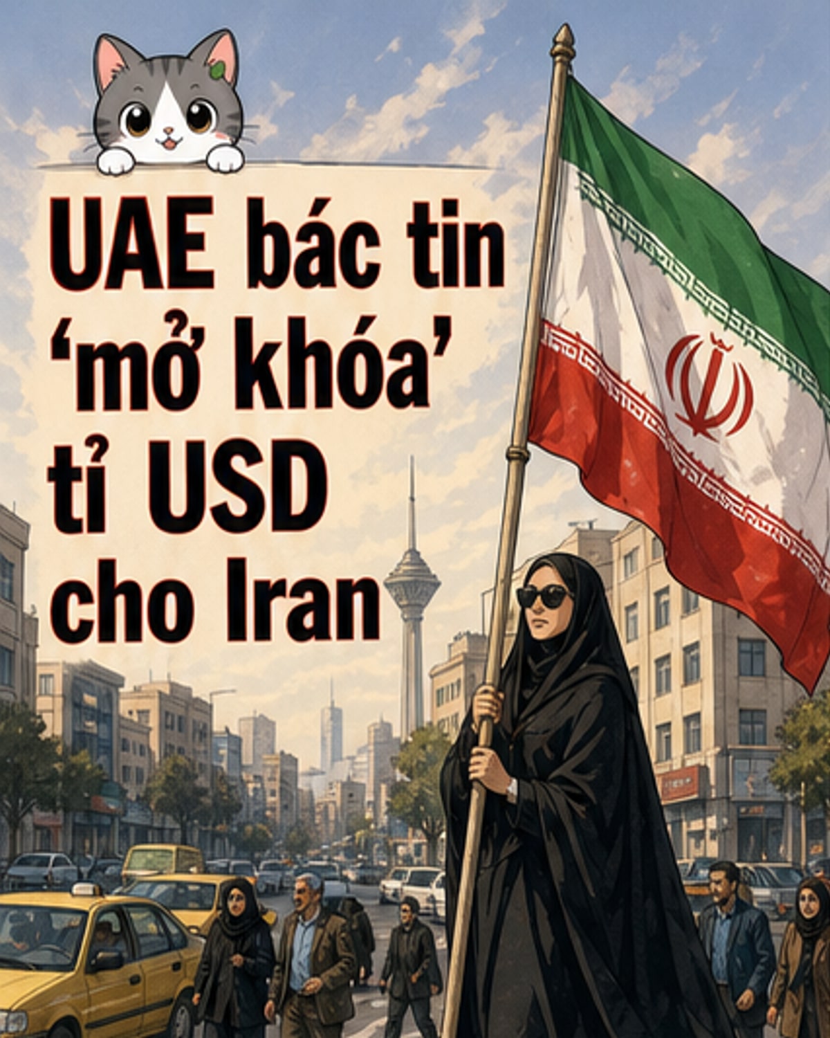 Tuyến phố ở Tehran với người phụ nữ cầm cờ Iran, bối cảnh xung quanh thông tin UAE mở khóa tài sản bị đóng băng