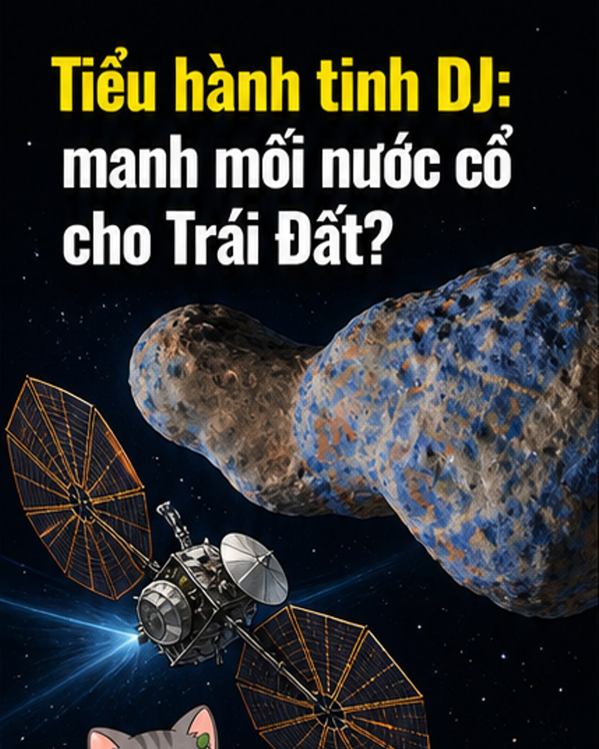 Minh họa tiểu hành tinh 52246 Donaldjohanson với cấu trúc hai thùy, được tàu vũ trụ Lucy tiếp cận trong không gian giữa Sao Hỏa và Sao Mộc.