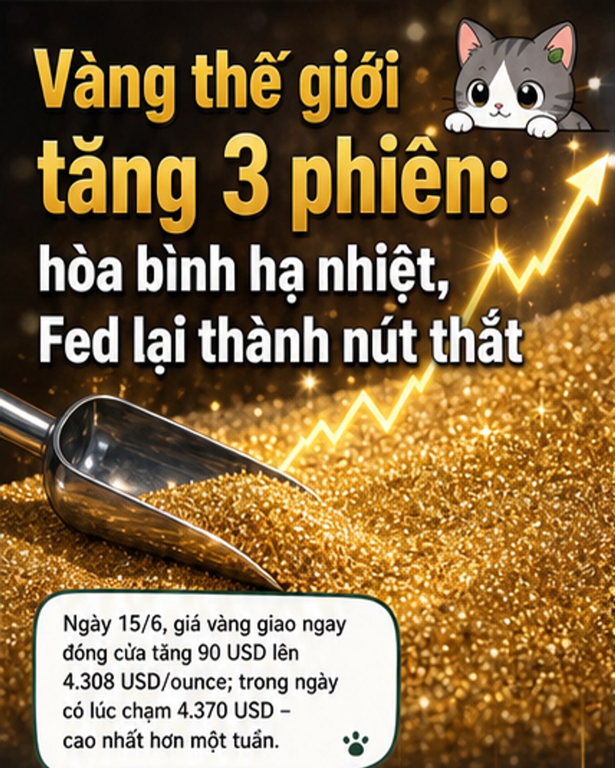 Biểu đồ giá vàng thế giới tăng 3 phiên liên tiếp, đạt mức cao nhất hơn một tuần sau thỏa thuận hòa bình Mỹ - Iran.