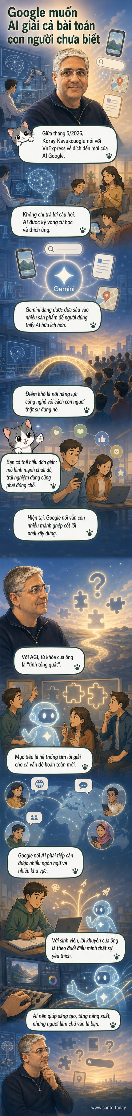 Hình ảnh minh họa kiến trúc sư AI của Google đang trình bày về mô hình Gemini 3.5 Flash với giao diện trí tuệ nhân tạo hiện đại, biểu tượng não bộ số và dòng chữ 'AI tự học'.
