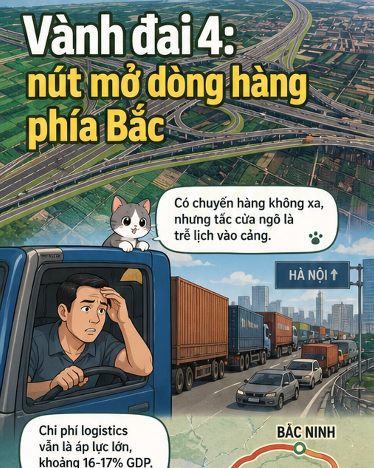 Hình ảnh phối cảnh tuyến Vành đai 4 kết nối các khu công nghiệp, cảng biển và sân bay quanh Hà Nội, với biểu tượng T&T Group hiện diện tại nút giao trung tâm