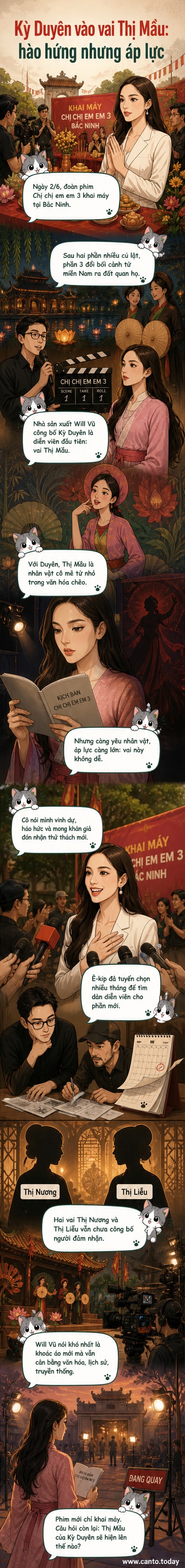 Hoa hậu Kỳ Duyên tại buổi lễ khai máy phim 'Chị chị em em 3', đứng cạnh NSND Lê Khanh, trong trang phục truyền thống tại Bắc Ninh