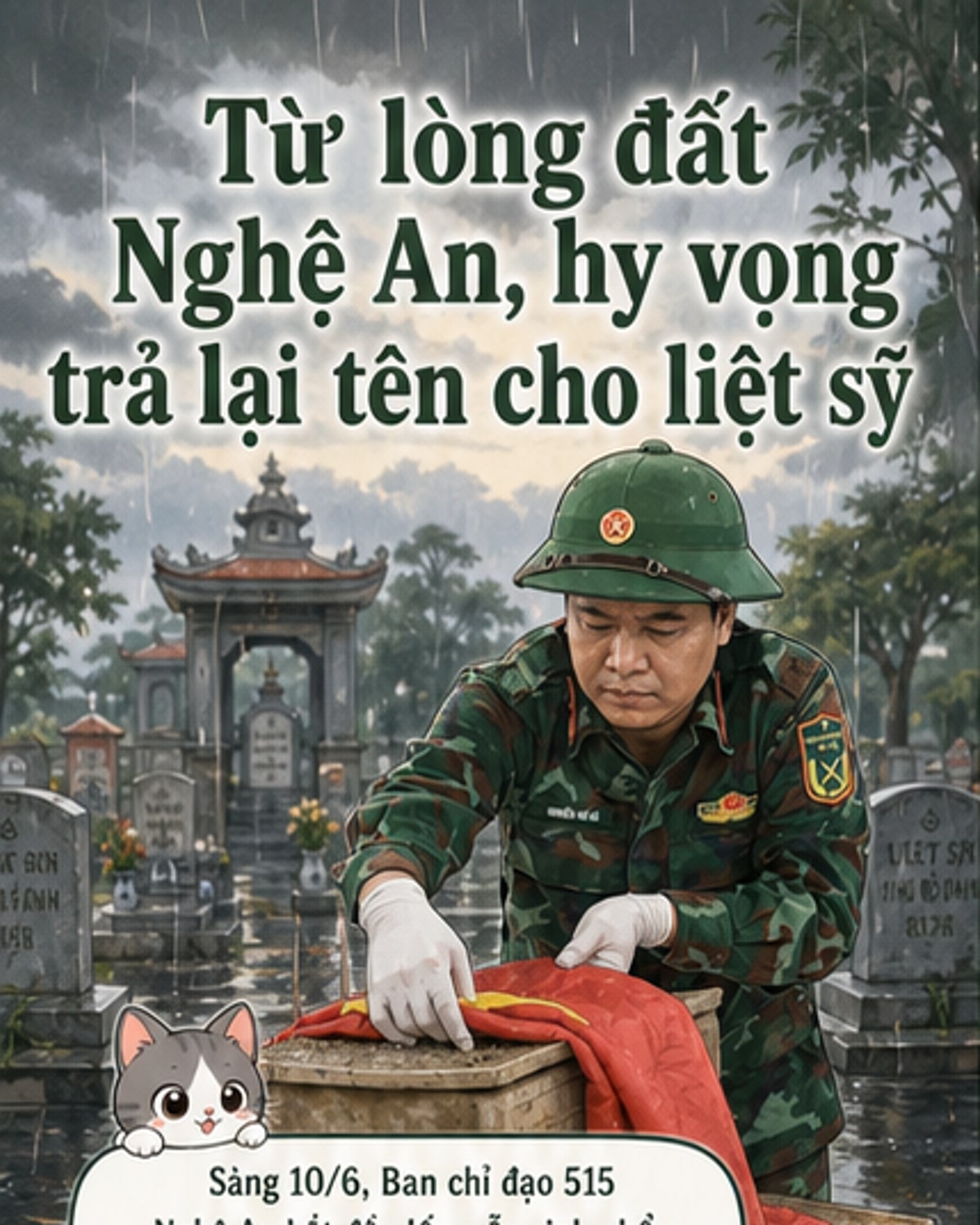 Các nhân viên đang cẩn trọng lấy mẫu xương từ một ngôi mộ liệt sĩ chưa rõ danh tính tại Nghĩa trang Hưng Nguyên, Nghệ An, dưới trời mưa nhẹ.