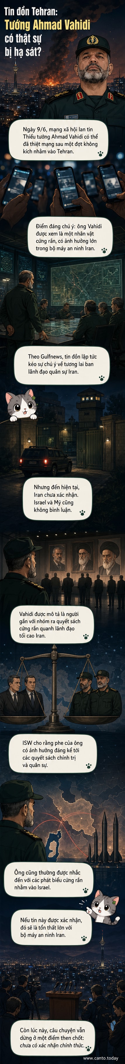 Hình ảnh minh họa: Tehran ban đêm với ánh chớp từ vụ nổ, bên cạnh là chân dung Thiếu tướng Ahmad Vahidi trong trang phục quân đội Iran.