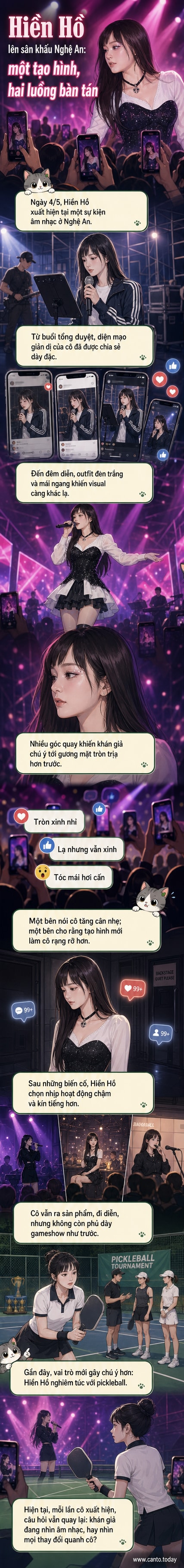Hiền Hồ biểu diễn tại sự kiện âm nhạc ở Nghệ An với trang phục đen trắng, tóc mái ngang, gương mặt tròn trịa hơn trước, thu hút sự chú ý trên mạng xã hội.