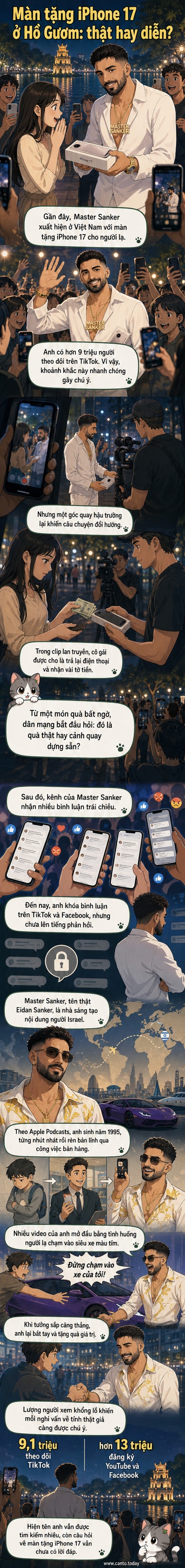 TikToker Master Sanker mặc áo vàng trao iPhone cho người đi đường ở Hồ Gươm, phía sau là chiếc xe thể thao màu tím và máy quay phim