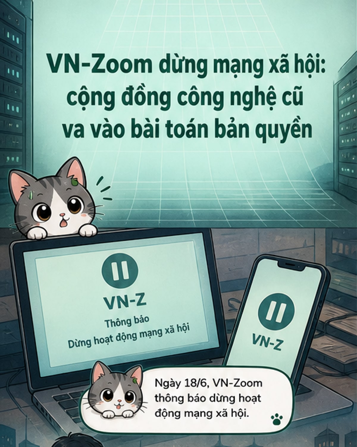 Hình ảnh minh họa nền tảng mạng xã hội VN-Zoom ngừng hoạt động, với biểu tượng đóng cửa và dòng chữ 'Dừng hoạt động do vi phạm bản quyền'.