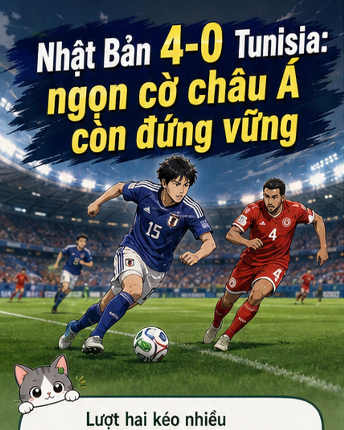 Đội tuyển Nhật Bản ăn mừng chiến thắng 4-0 trước Tunisia tại World Cup 2026, với các cầu thủ mặc áo đỏ và xanh đang nâng cao tay ăn mừng dưới ánh đèn sân cỏ.