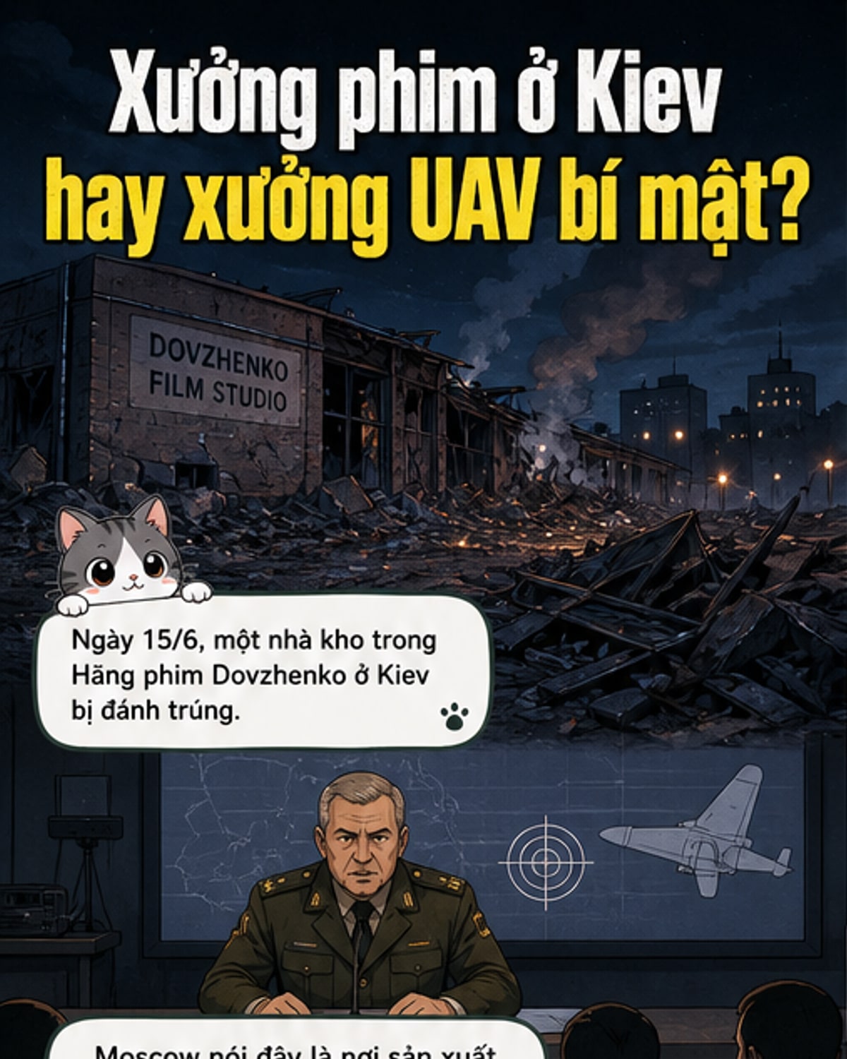 Hình ảnh đống đổ nát tại xưởng phim Dovzhenko ở Kiev với các cánh máy bay không người lái xếp chồng, sau cuộc không kích ngày 15/6/2026.
