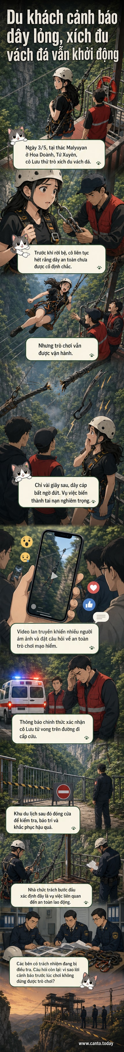 Hình ảnh minh họa một du khách nữ đang tham gia trò chơi xích đu vách đá, dây cáp đột ngột đứt khiến cô rơi xuống vực sâu, phía dưới là khung cảnh vách đá và dòng suối, ánh sáng mờ ảo như hoàng hôn.