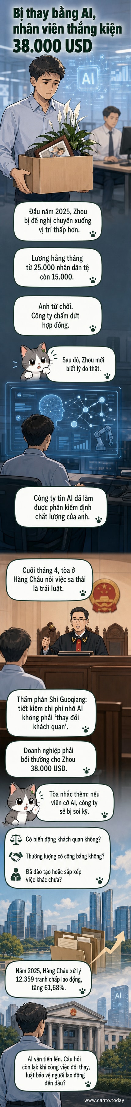 Hình ảnh minh họa một nhân viên văn phòng ngồi trước màn hình AI, phía sau là tòa án, tượng trưng cho vụ kiện sa thải để thay bằng trí tuệ nhân tạo.
