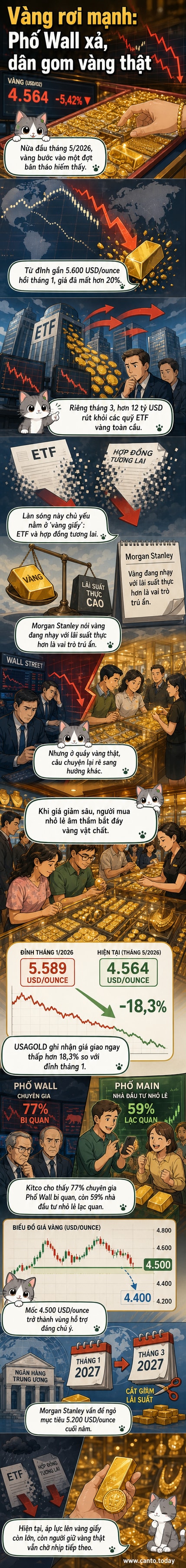 Biểu đồ giá vàng giảm mạnh từ đầu năm 2026, với dòng tiền rút khỏi ETF vàng và người dân đổ xô mua vàng miếng vật chất
